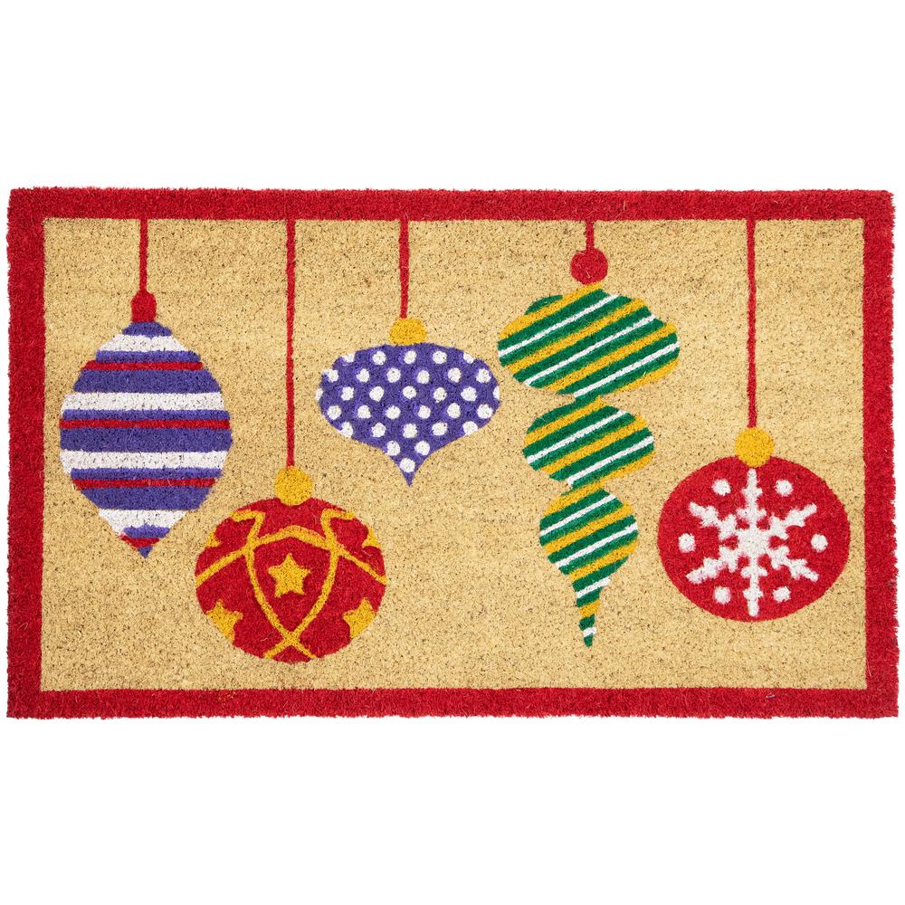 Tan Brown and Red Christmas Ornaments Coir Outdoor Doormat 18" x 30". Picture 1