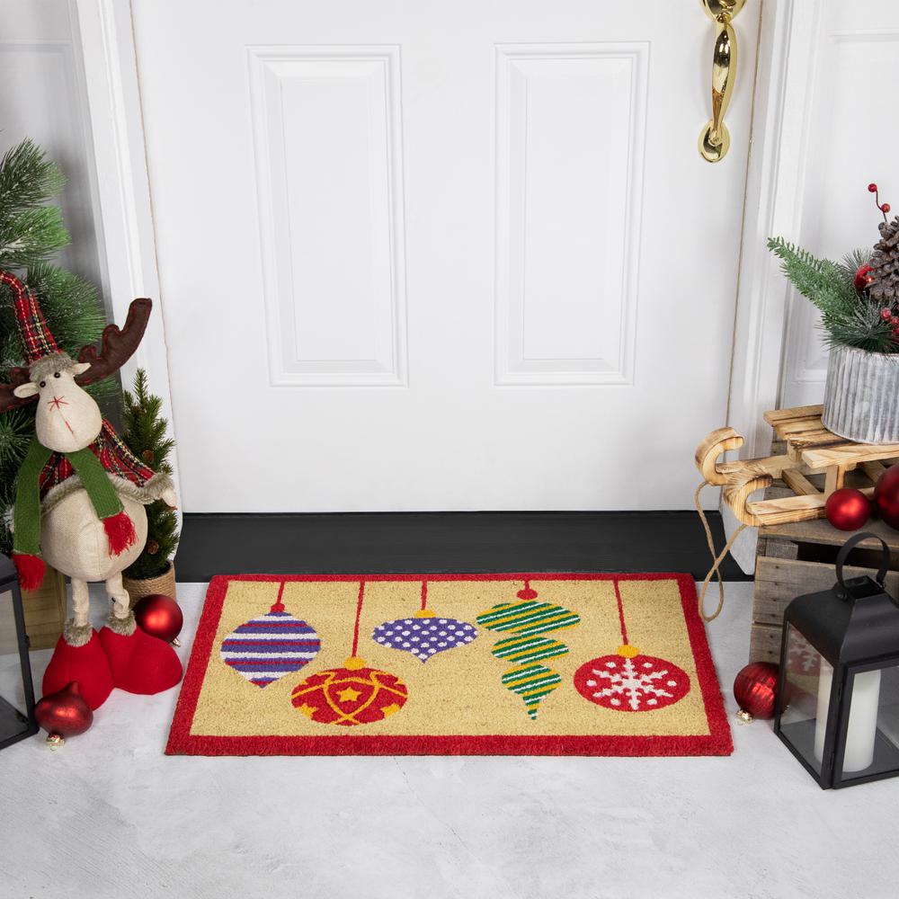 Tan Brown and Red Christmas Ornaments Coir Outdoor Doormat 18" x 30". Picture 2