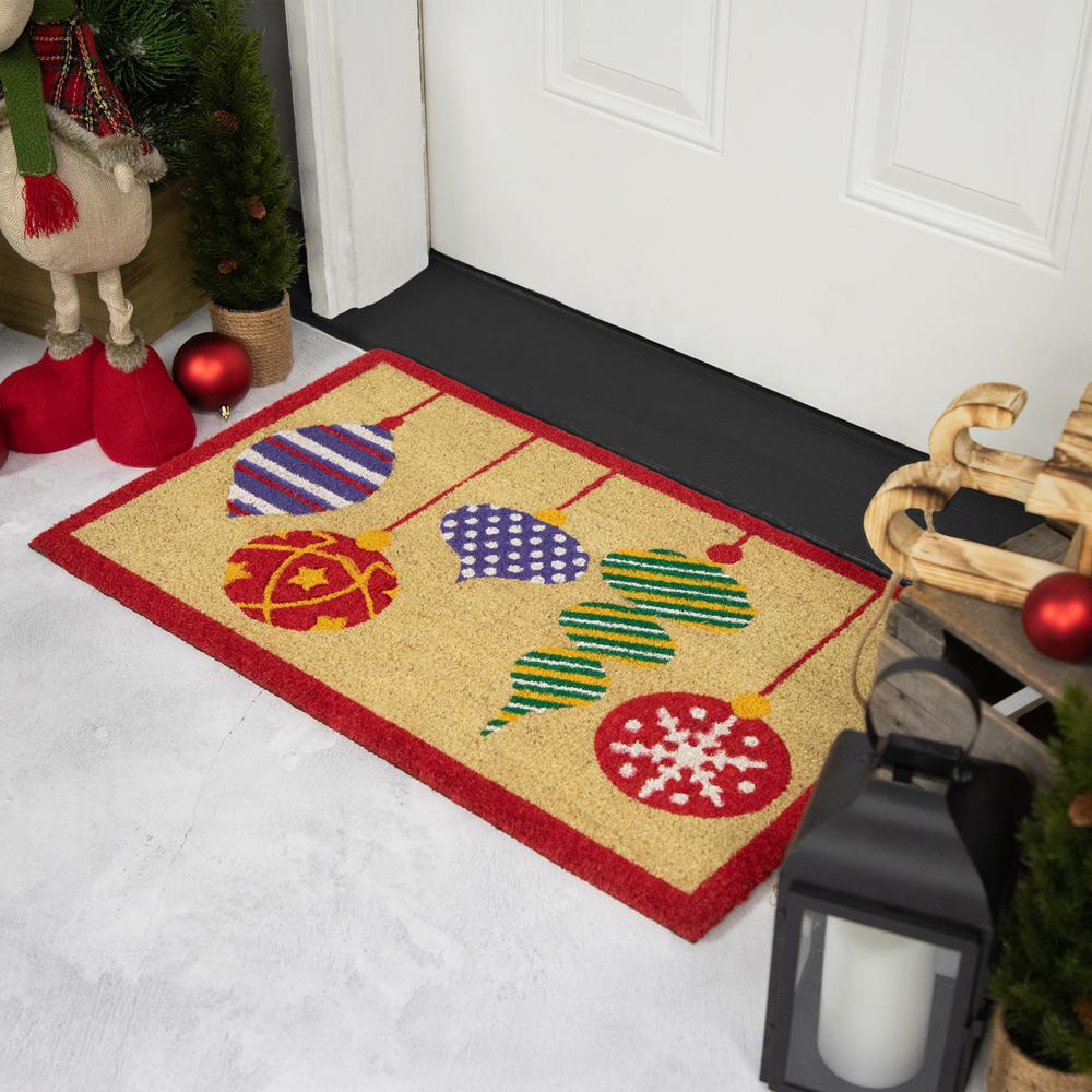 Tan Brown and Red Christmas Ornaments Coir Outdoor Doormat 18" x 30". Picture 3
