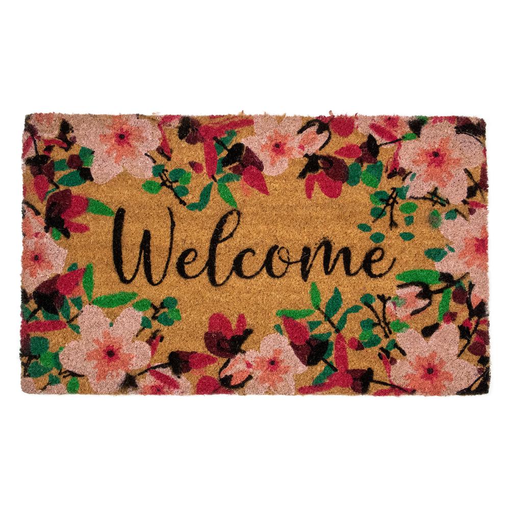 Natural Coir Blossoming Floral Outdoor Rectangular "Welcome" Doormat 18" x 30". Picture 1