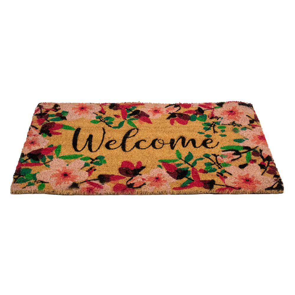 Natural Coir Blossoming Floral Outdoor Rectangular "Welcome" Doormat 18" x 30". Picture 3