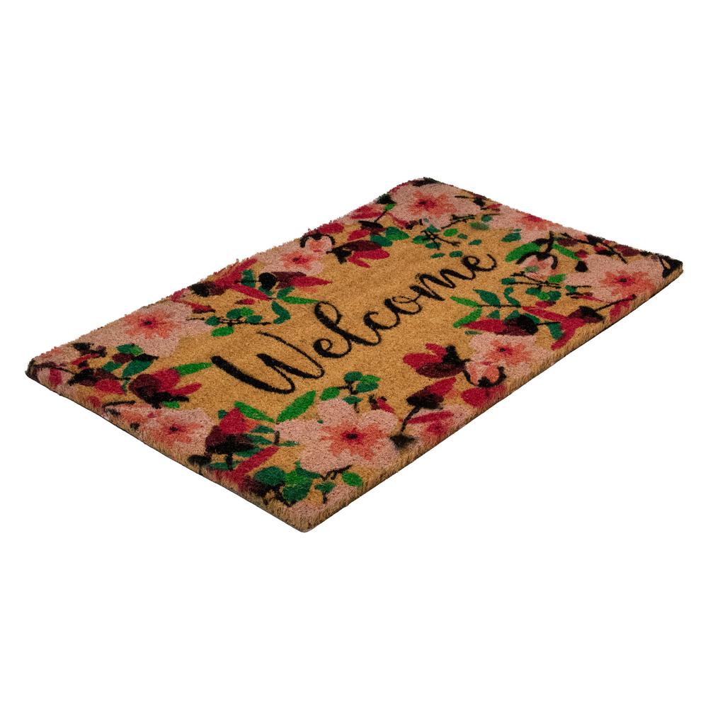 Natural Coir Blossoming Floral Outdoor Rectangular "Welcome" Doormat 18" x 30". Picture 4