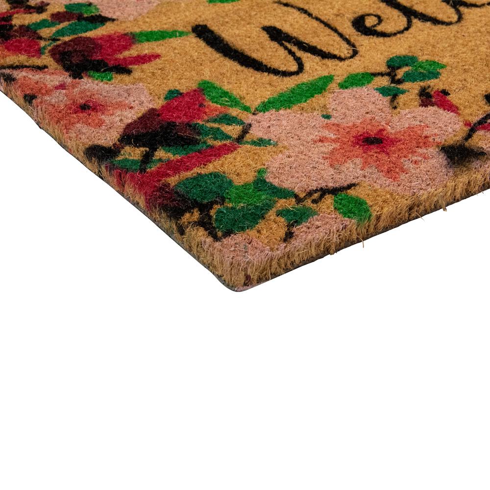 Natural Coir Blossoming Floral Outdoor Rectangular "Welcome" Doormat 18" x 30". Picture 5