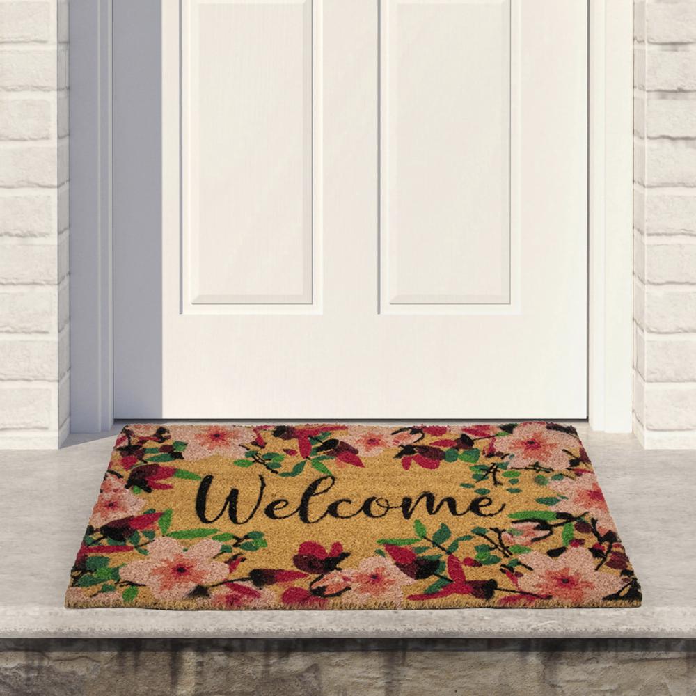 Natural Coir Blossoming Floral Outdoor Rectangular "Welcome" Doormat 18" x 30". Picture 2