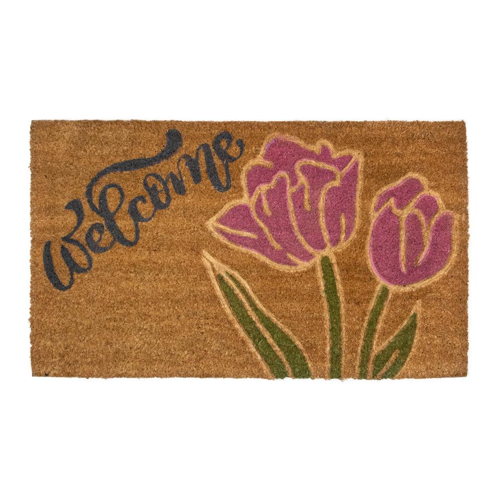 Natural Coir Floral Rectangular "Welcome" Doormat 18" x 30". Picture 1