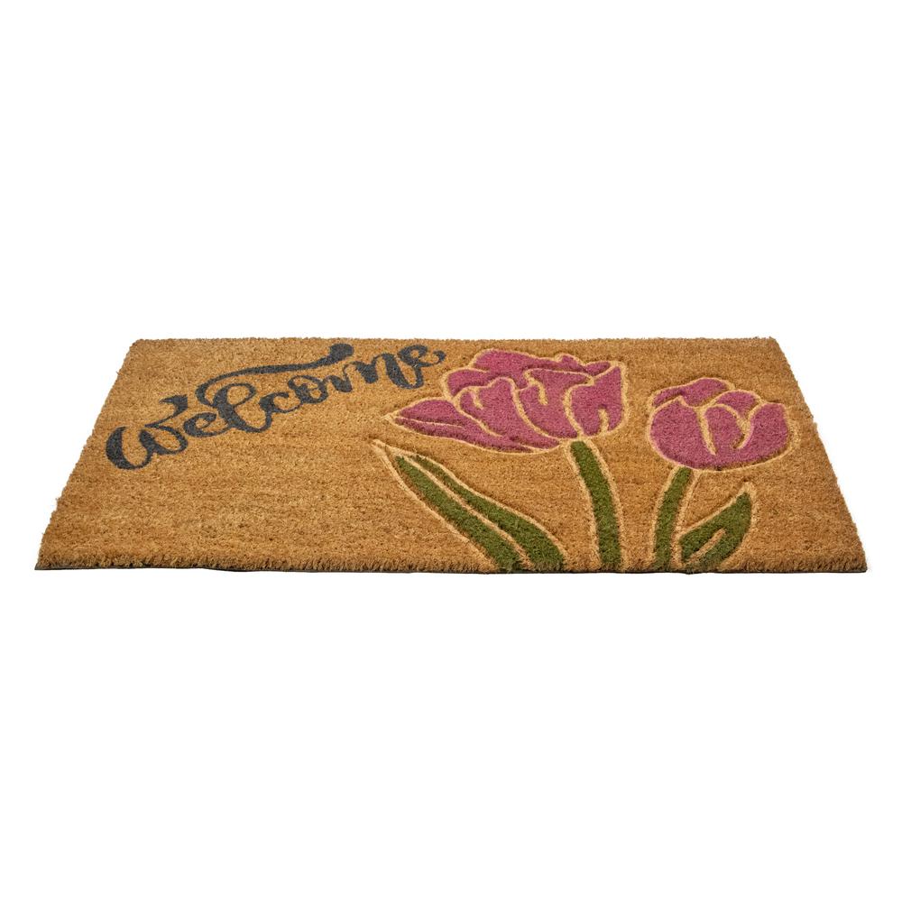 Natural Coir Floral Rectangular "Welcome" Doormat 18" x 30". Picture 3