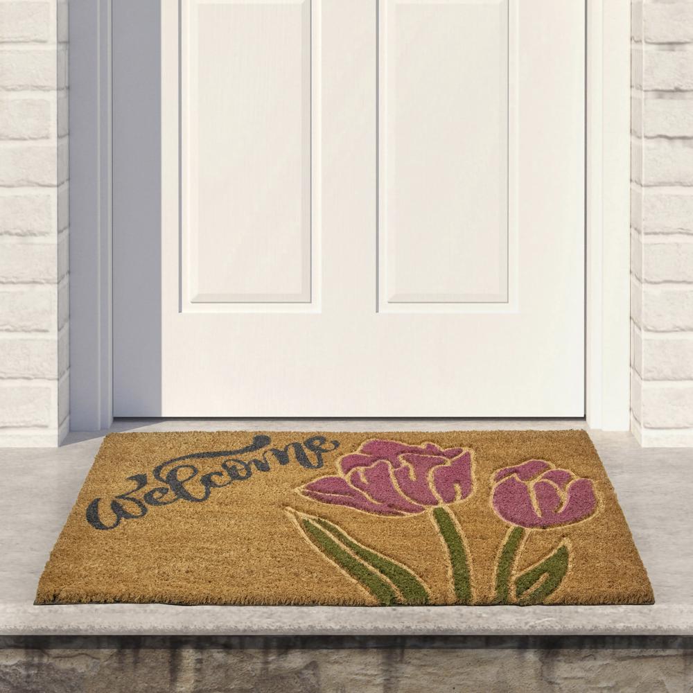 Natural Coir Floral Rectangular "Welcome" Doormat 18" x 30". Picture 2