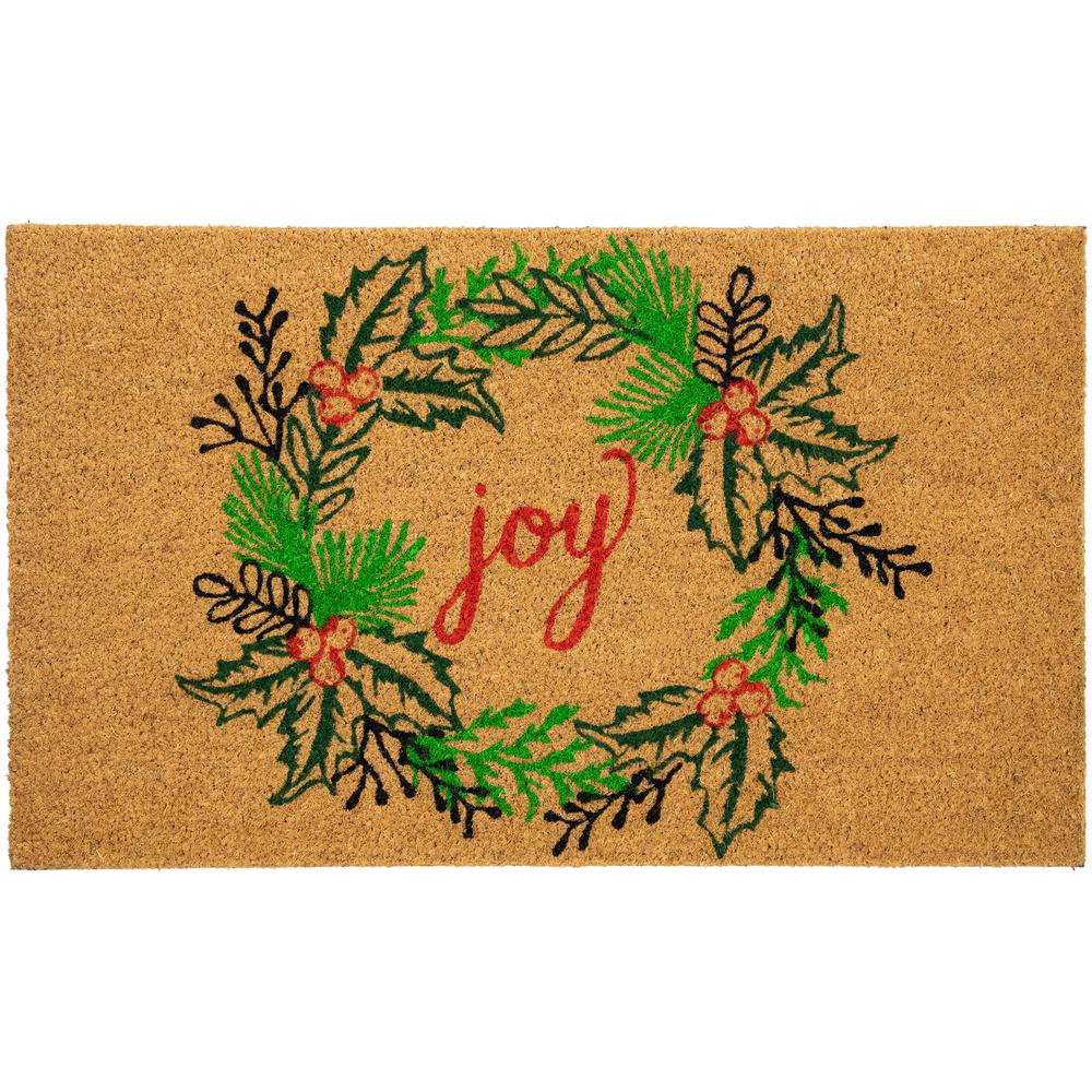 Natural Coir "Joy" Wreath Christmas Doormat 18" x 30". Picture 1