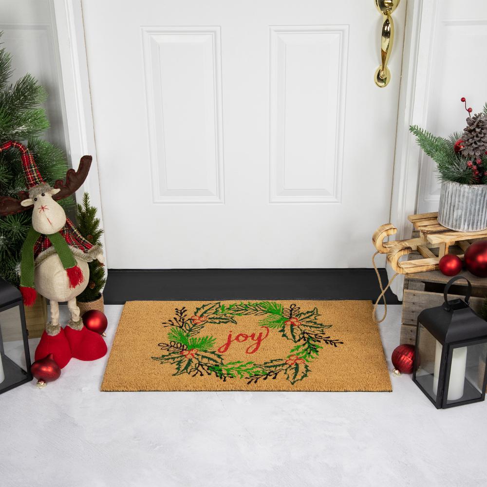 Natural Coir "Joy" Wreath Christmas Doormat 18" x 30". Picture 2