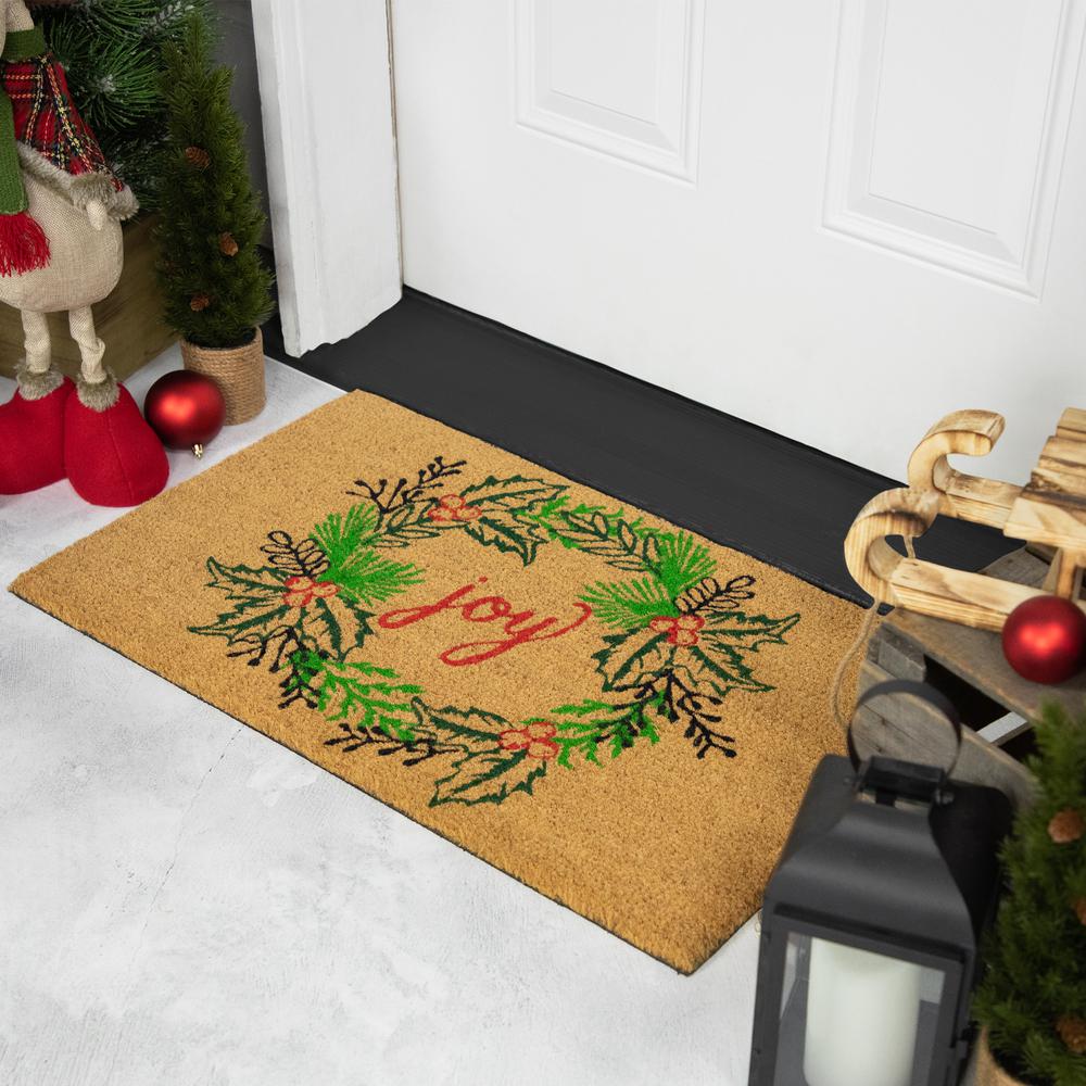 Natural Coir "Joy" Wreath Christmas Doormat 18" x 30". Picture 3