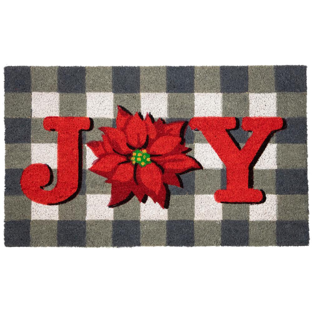 Gray and Red Poinsettia "Joy" Christmas Natural Coir Outdoor Doormat 18" x 30". Picture 1