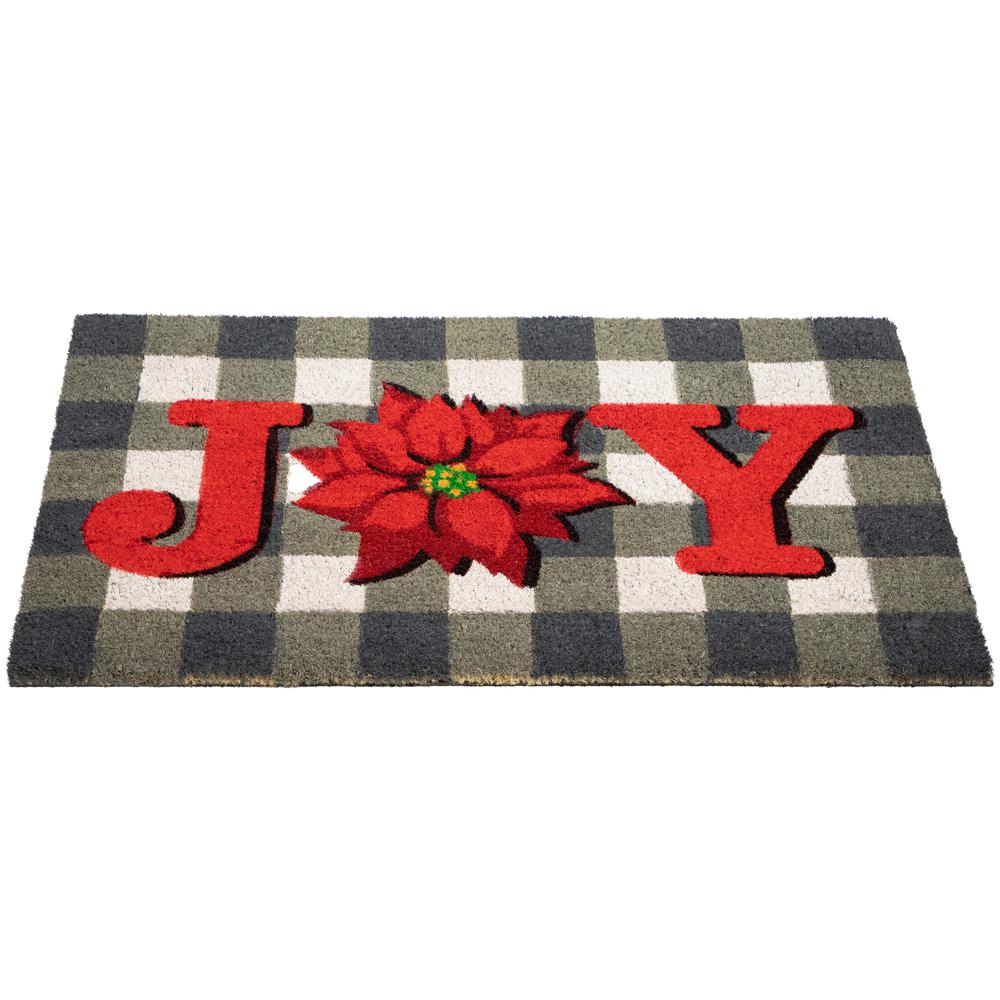 Gray and Red Poinsettia "Joy" Christmas Natural Coir Outdoor Doormat 18" x 30". Picture 4
