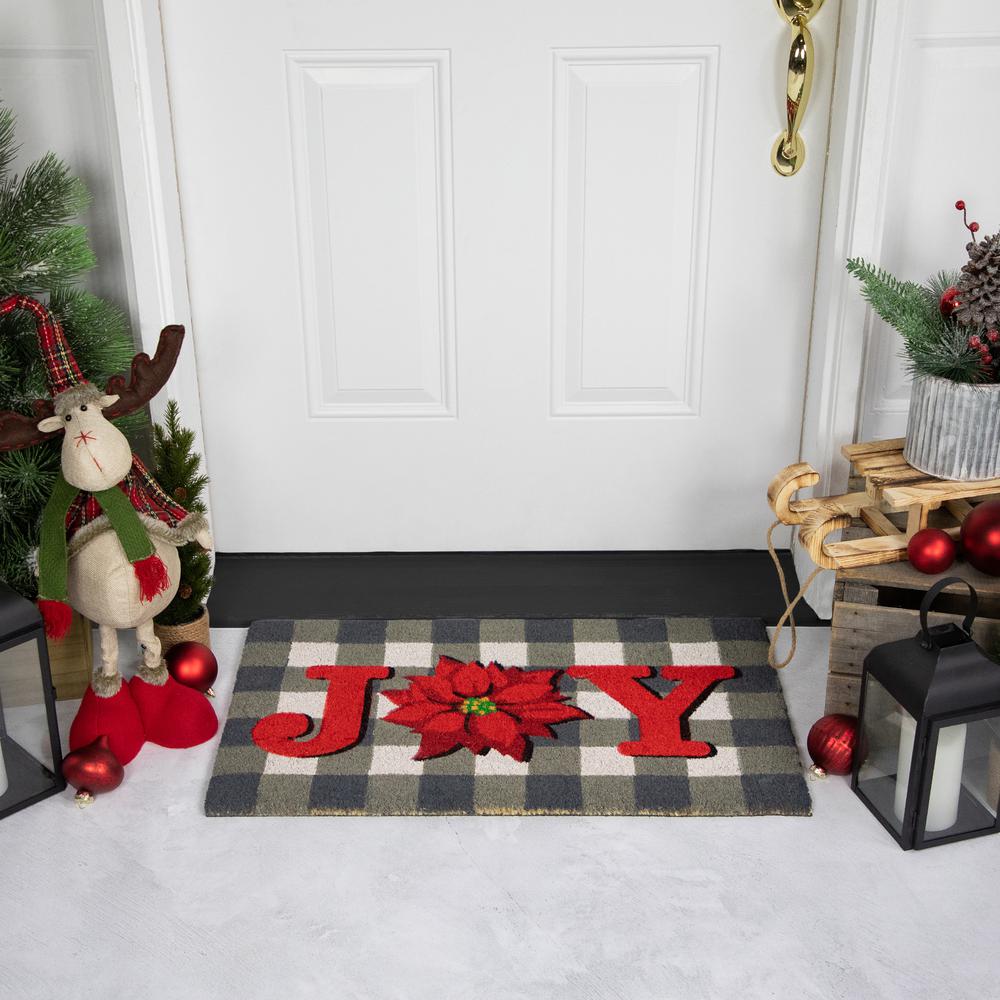 Gray and Red Poinsettia "Joy" Christmas Natural Coir Outdoor Doormat 18" x 30". Picture 2