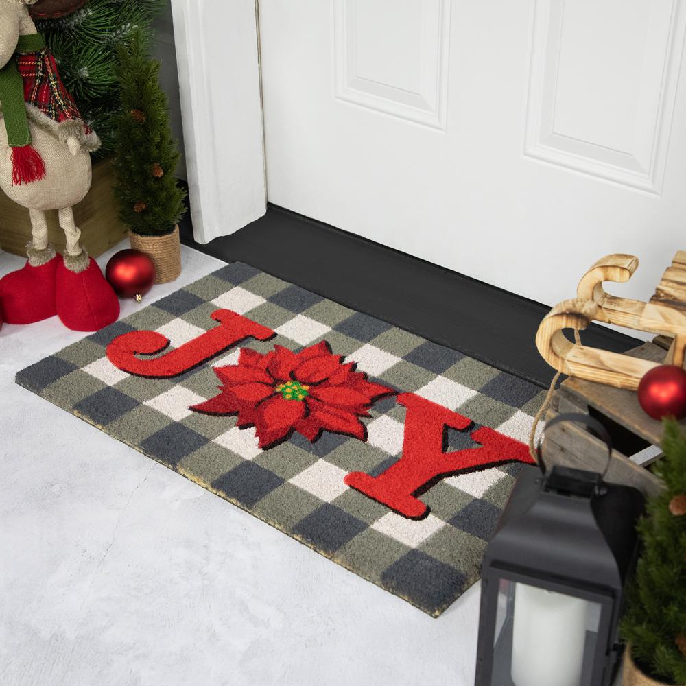 Gray and Red Poinsettia "Joy" Christmas Natural Coir Outdoor Doormat 18" x 30". Picture 3