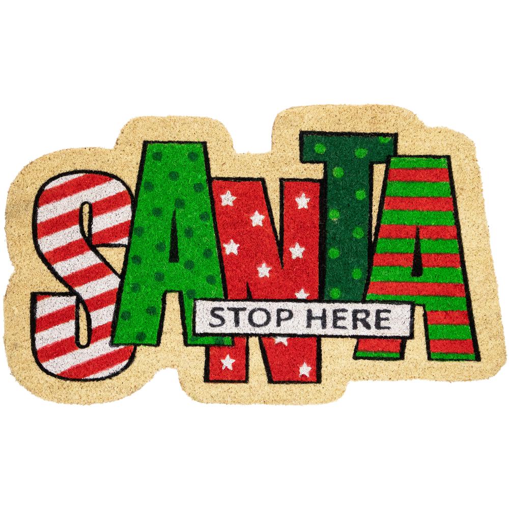 Red and Green "Santa Stop Here" Outdoor Christmas Doormat 18" x 30". Picture 1
