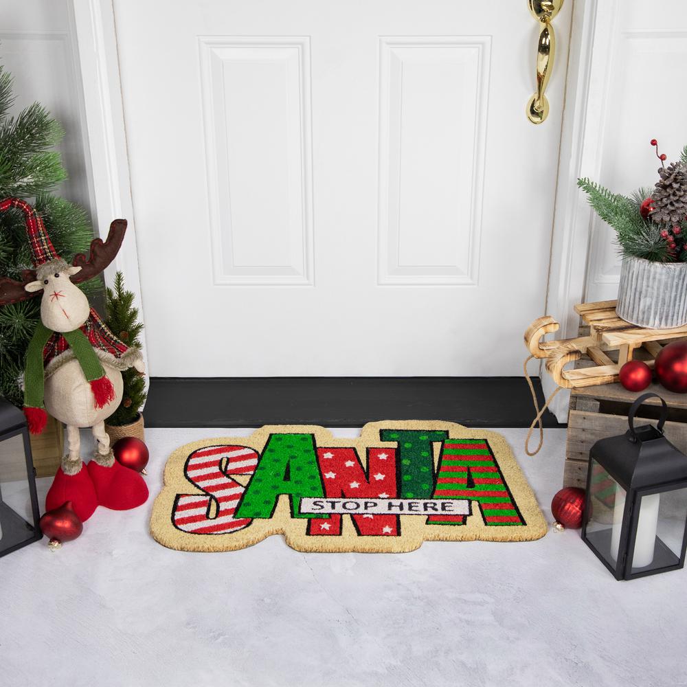 Red and Green "Santa Stop Here" Outdoor Christmas Doormat 18" x 30". Picture 2