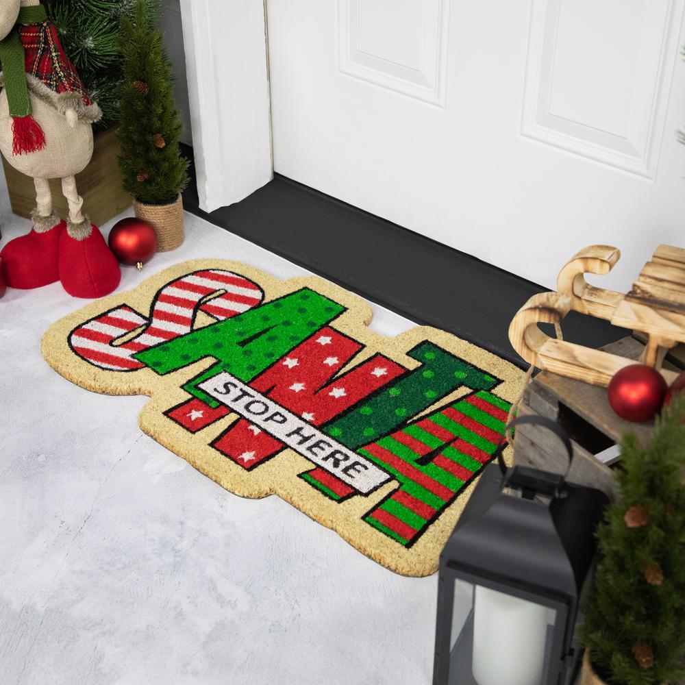 Red and Green "Santa Stop Here" Outdoor Christmas Doormat 18" x 30". Picture 3