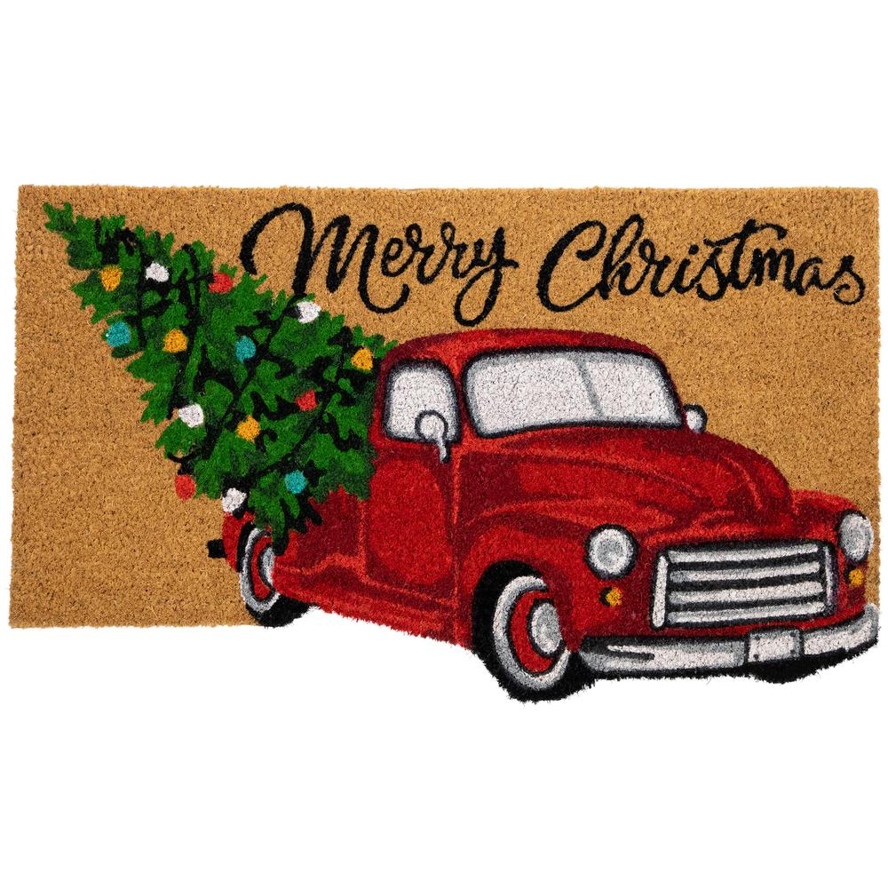 Red and Green Truck "Merry Christmas" Outdoor Natural Coir Doormat 18" x 30". Picture 1