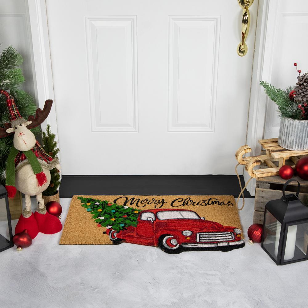 Red and Green Truck "Merry Christmas" Outdoor Natural Coir Doormat 18" x 30". Picture 2