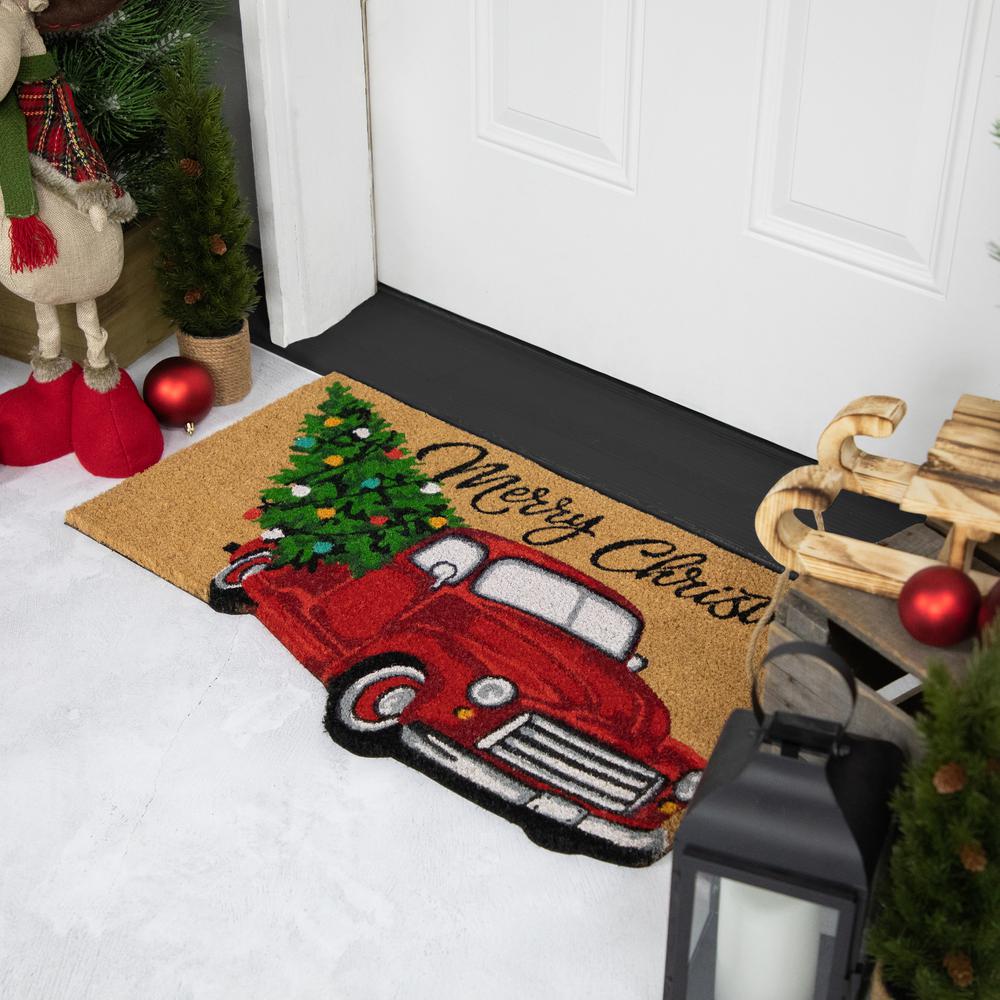 Red and Green Truck "Merry Christmas" Outdoor Natural Coir Doormat 18" x 30". Picture 3