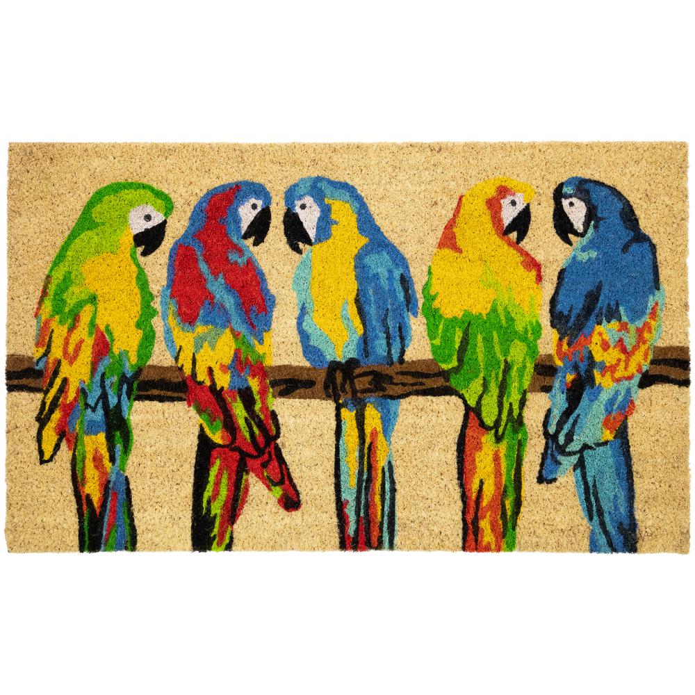 Toffee and Multicolor Parrots Coir Outdoor Doormat 18" x 30". Picture 1