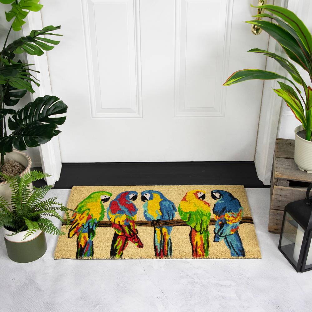 Toffee and Multicolor Parrots Coir Outdoor Doormat 18" x 30". Picture 2
