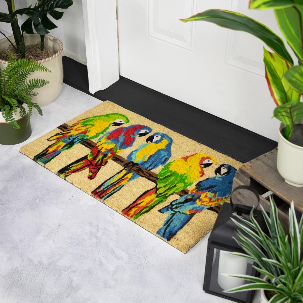 Toffee and Multicolor Parrots Coir Outdoor Doormat 18" x 30". Picture 3
