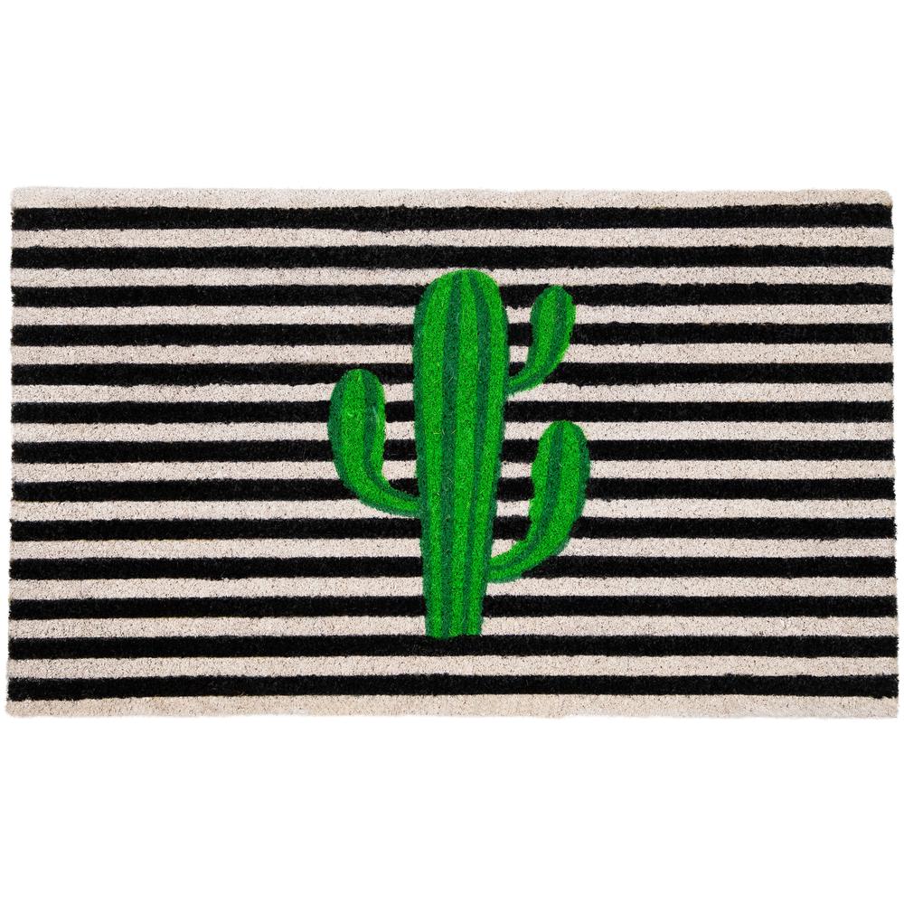 Green Cactus Striped Natural Coir Outdoor Doormat 18" x 30". Picture 1
