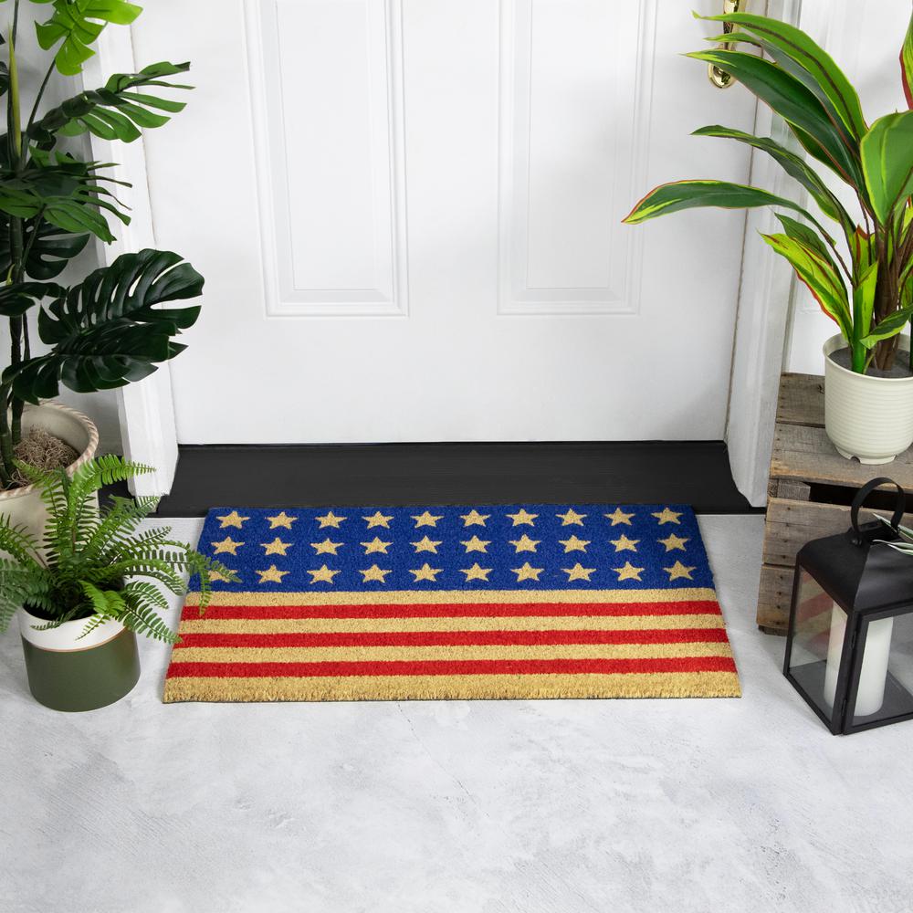 Blue and Red Americana Stars and Stripes Coir Outdoor Doormat 18" x 30". Picture 2