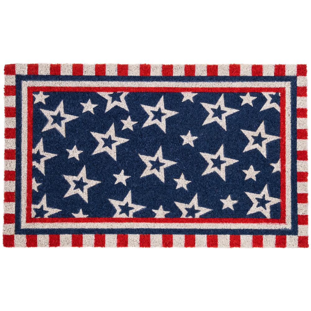 Blue and Red Americana Stars and Striped Border Coir Outdoor Doormat 18" x 30". Picture 1