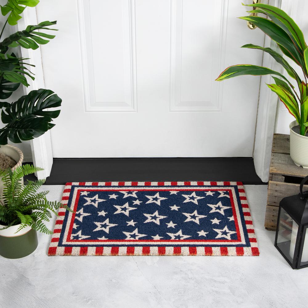 Blue and Red Americana Stars and Striped Border Coir Outdoor Doormat 18" x 30". Picture 2