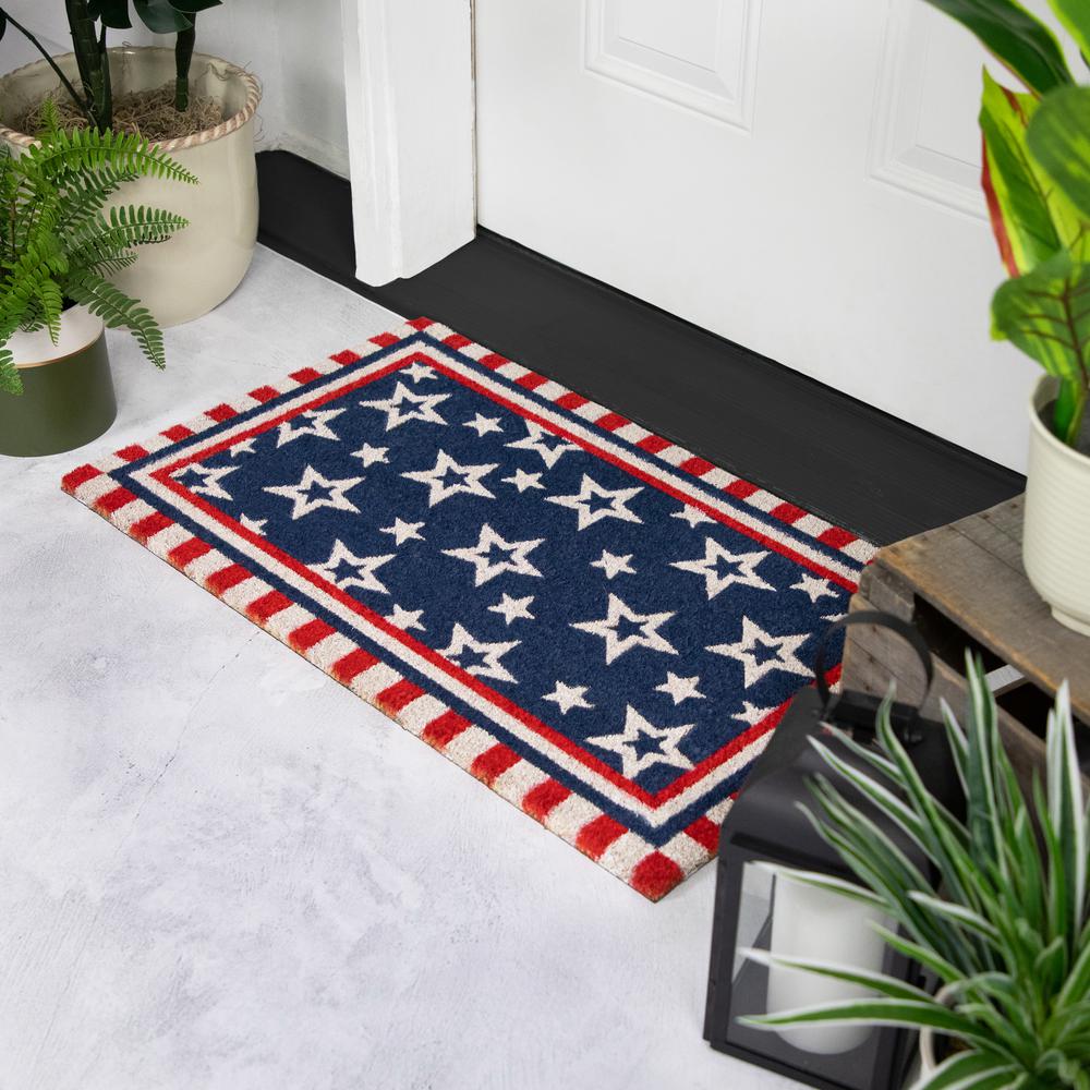 Blue and Red Americana Stars and Striped Border Coir Outdoor Doormat 18" x 30". Picture 3