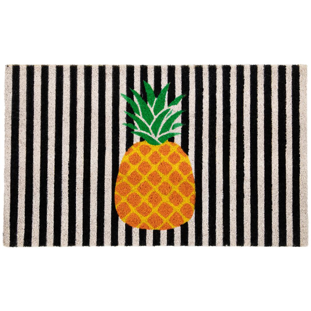 Ivory and Orange Pineapple Striped Natural Coir Outdoor Doormat 18" x 30". Picture 1