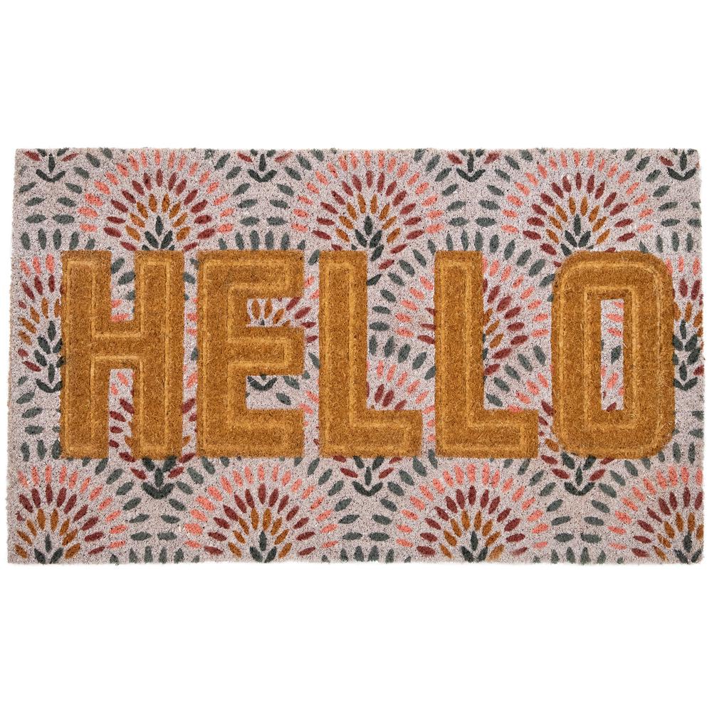 Brown and Pink "Hello" Floral Coir Outdoor Doormat 18" x 30". Picture 1