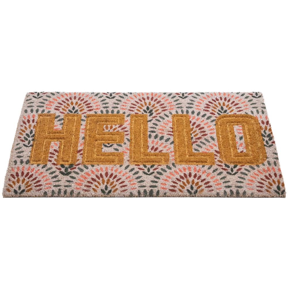 Brown and Pink "Hello" Floral Coir Outdoor Doormat 18" x 30". Picture 4