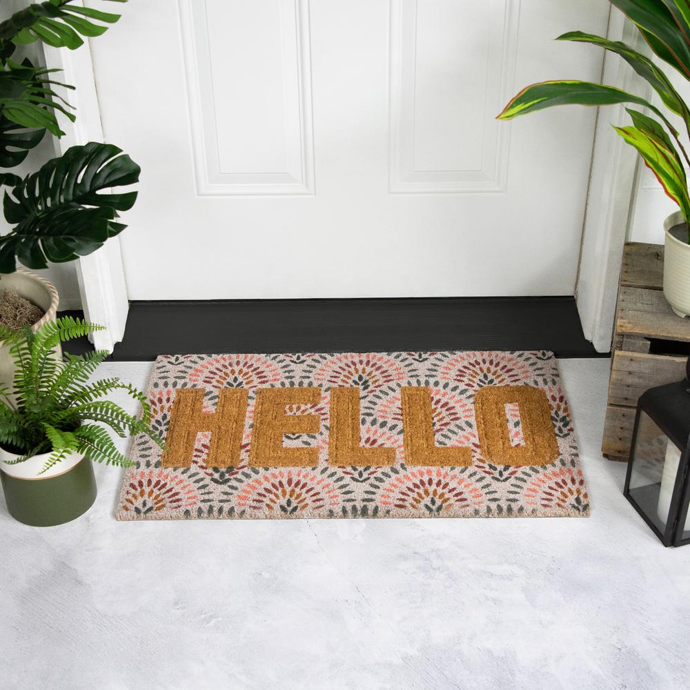 Brown and Pink "Hello" Floral Coir Outdoor Doormat 18" x 30". Picture 2