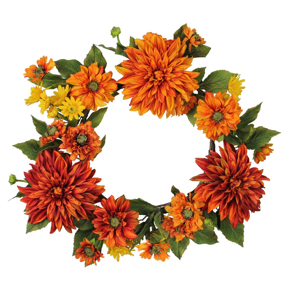 Mums and Daisies Twig Artificial Floral Wreath  Orange 22-Inch. Picture 1