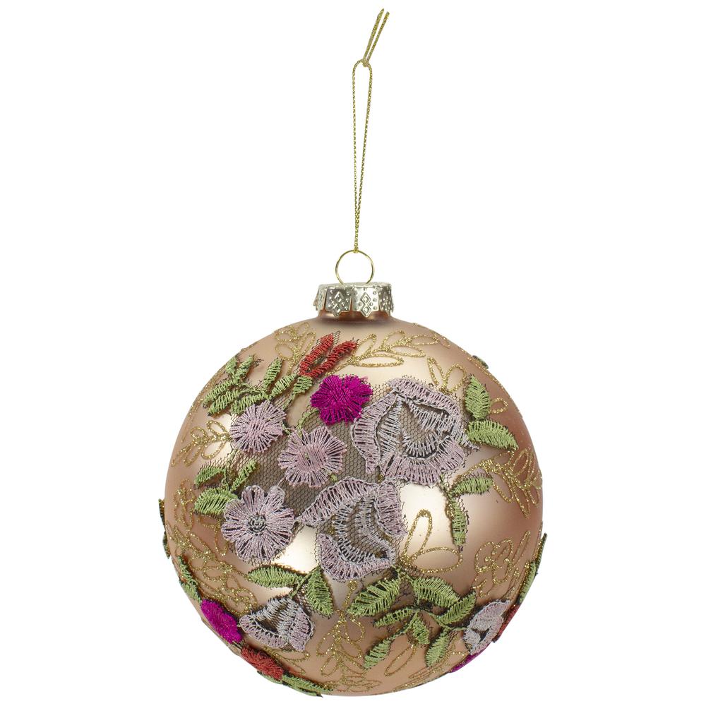 4.5" Pink Floral Applique Glass Ball Christmas Ornament. Picture 1