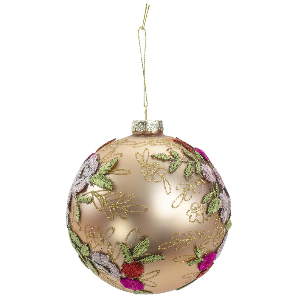 4.5" Pink Floral Applique Glass Ball Christmas Ornament. Picture 4