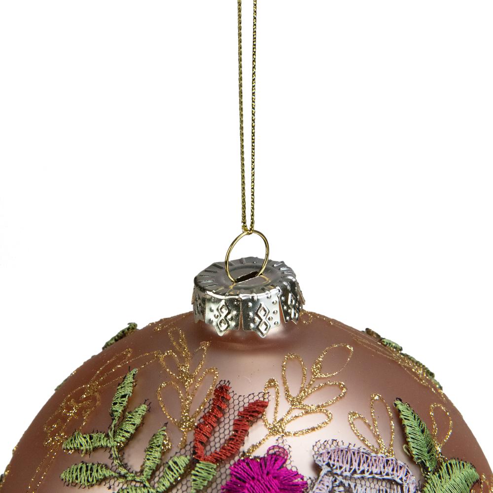 4.5" Pink Floral Applique Glass Ball Christmas Ornament. Picture 3