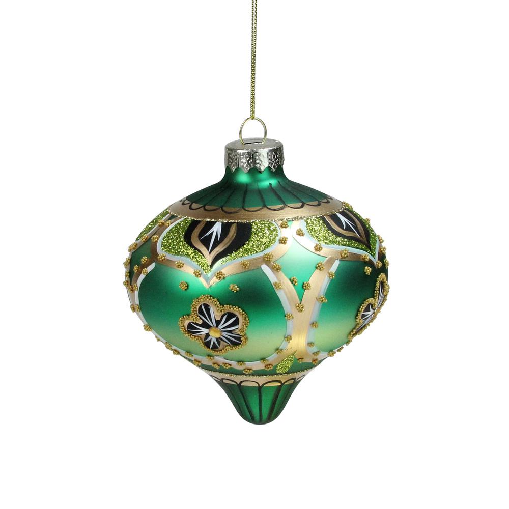 4.5" Green Gold Black Floral Bead and Jewel Glass Onion Christmas Ornament. Picture 1