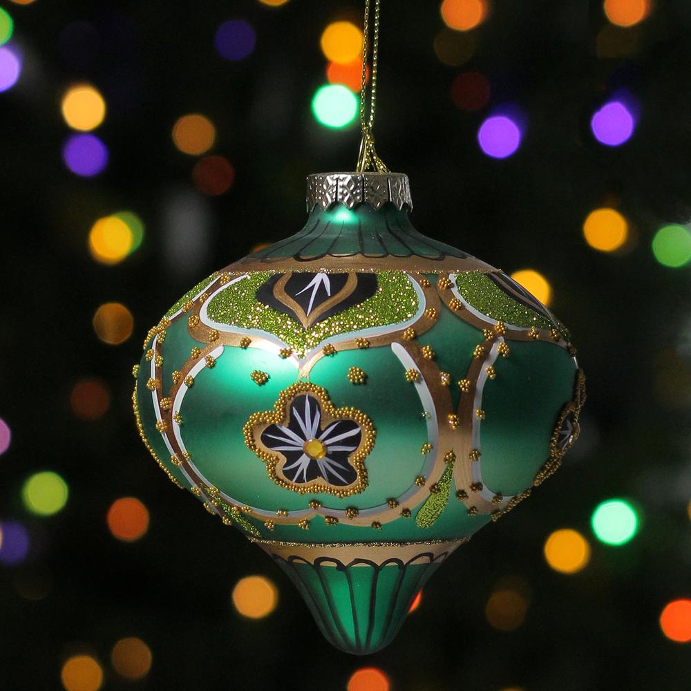 4.5" Green Gold Black Floral Bead and Jewel Glass Onion Christmas Ornament. Picture 2