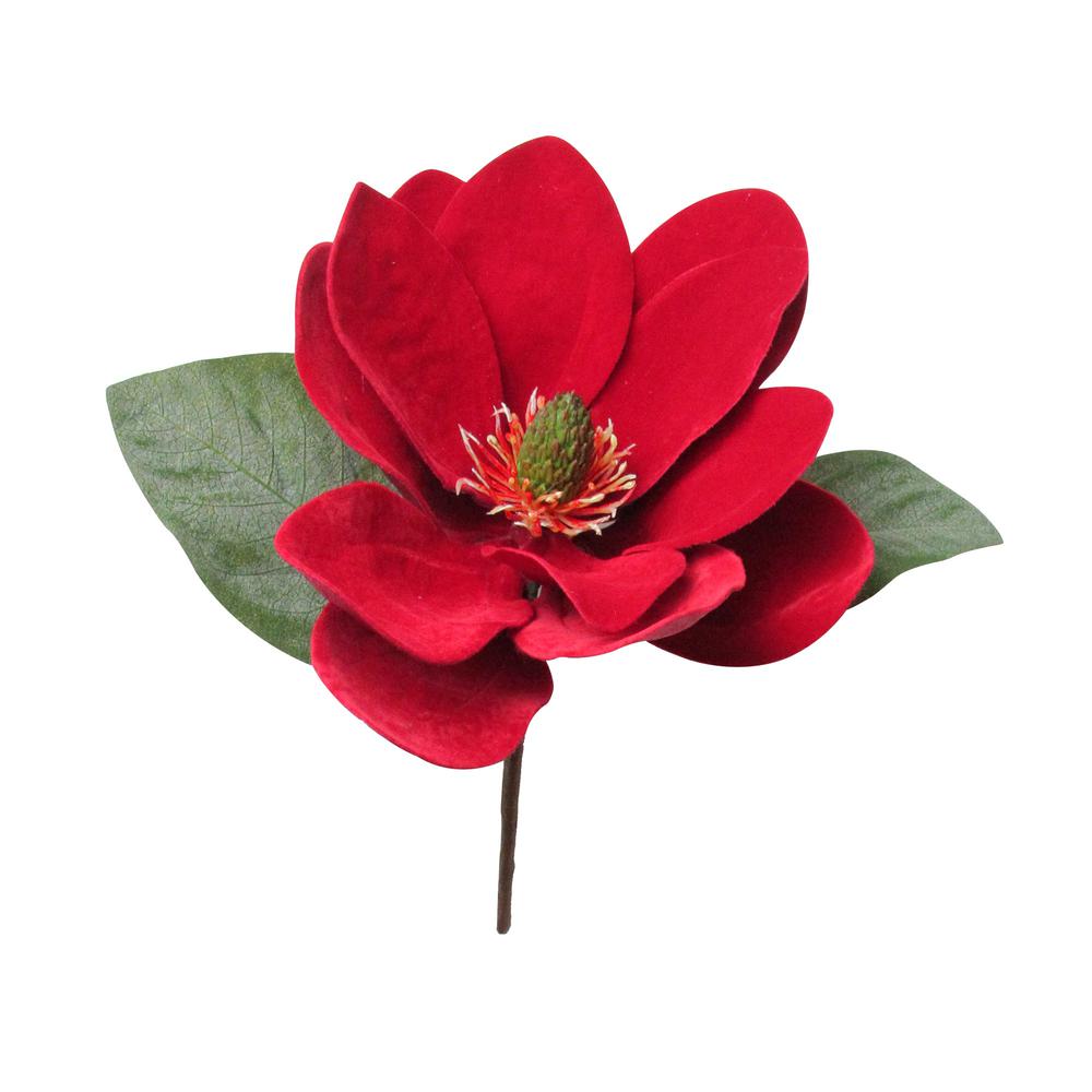 11" Red and Green Artificial Magnolia Christmas Pick. Picture 1