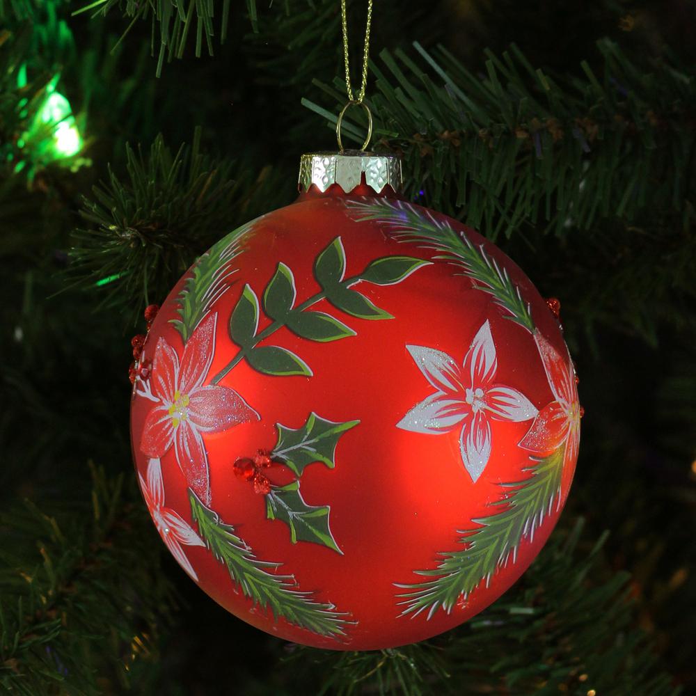 4" Red Poinsettia and Holly Glass Christmas Ball Ornament. Picture 2
