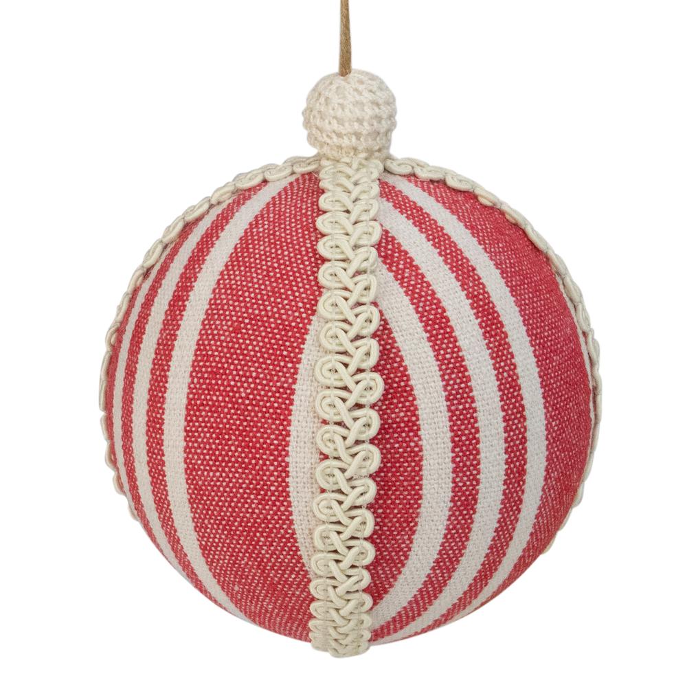 4.75" Red and White Striped Ball Christmas Ornament with Rope Accent. Picture 1