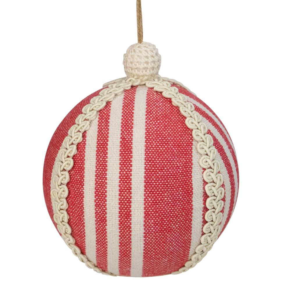 4.75" Red and White Striped Ball Christmas Ornament with Rope Accent. Picture 3