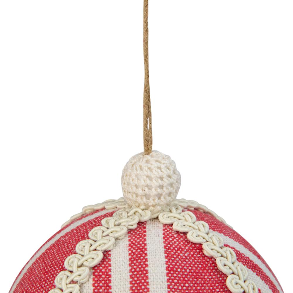 4.75" Red and White Striped Ball Christmas Ornament with Rope Accent. Picture 4