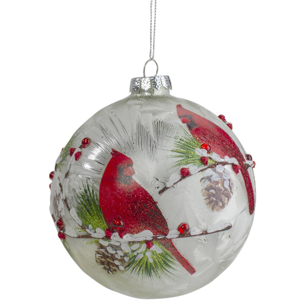 4.5" Red Cardinals and Pine Cones Glass Christmas Ornament. Picture 1