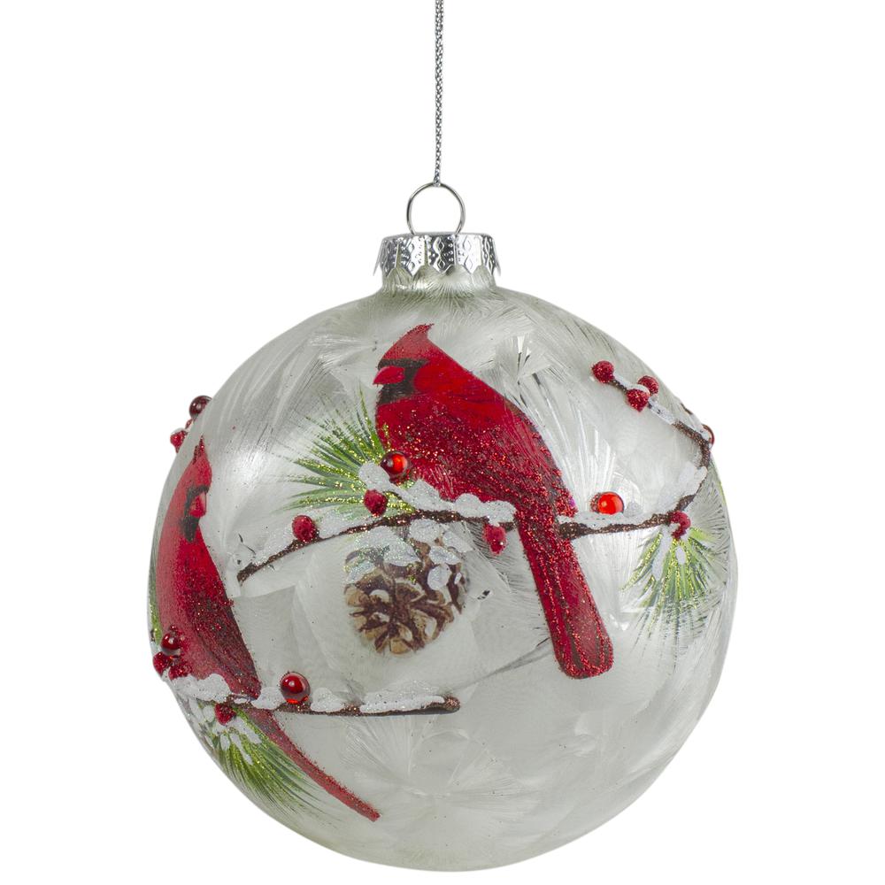 4.5" Red Cardinals and Pine Cones Glass Christmas Ornament. Picture 2