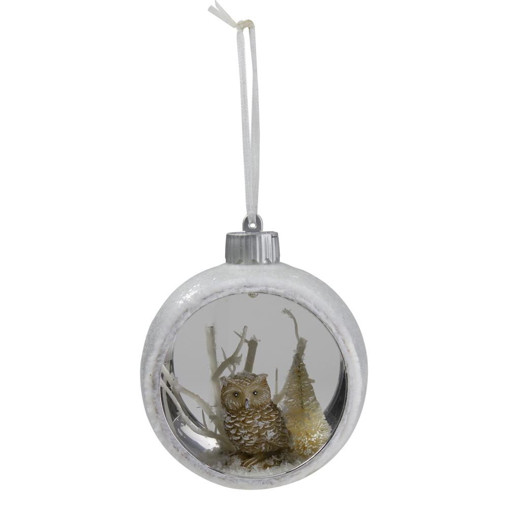 3.75" Silver and White Round Cutout Owl Christmas Ornament. Picture 1